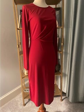 Ann Taylor Red Sheath Dress Long Sleeve Midi XS Petite Hourglass Draped 0 2 XXS